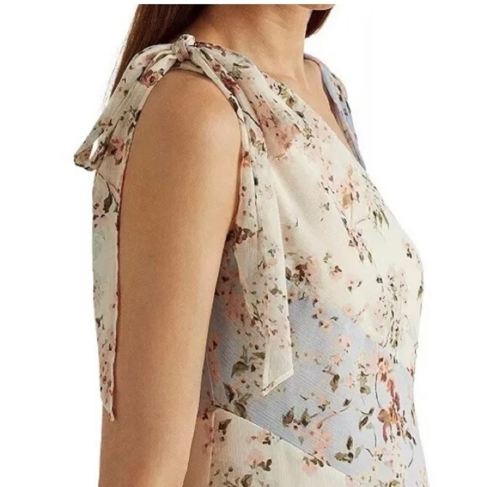 Lauren Ralph Lauren Floral Asymmetrical Hem Bow Georgette Dress in Blue Multi - Picture 4 of 6